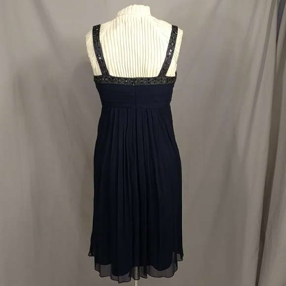 Sexy Silk Mini Dress Sheer Navy Blue Beaded Straps Plunge Neckline Party Evening - Picture 4 of 8